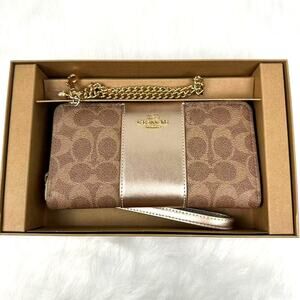 Coach Boxed Long Zip Around Wallet Signature Canvas Tan/Lt Champagne CX178 NWT